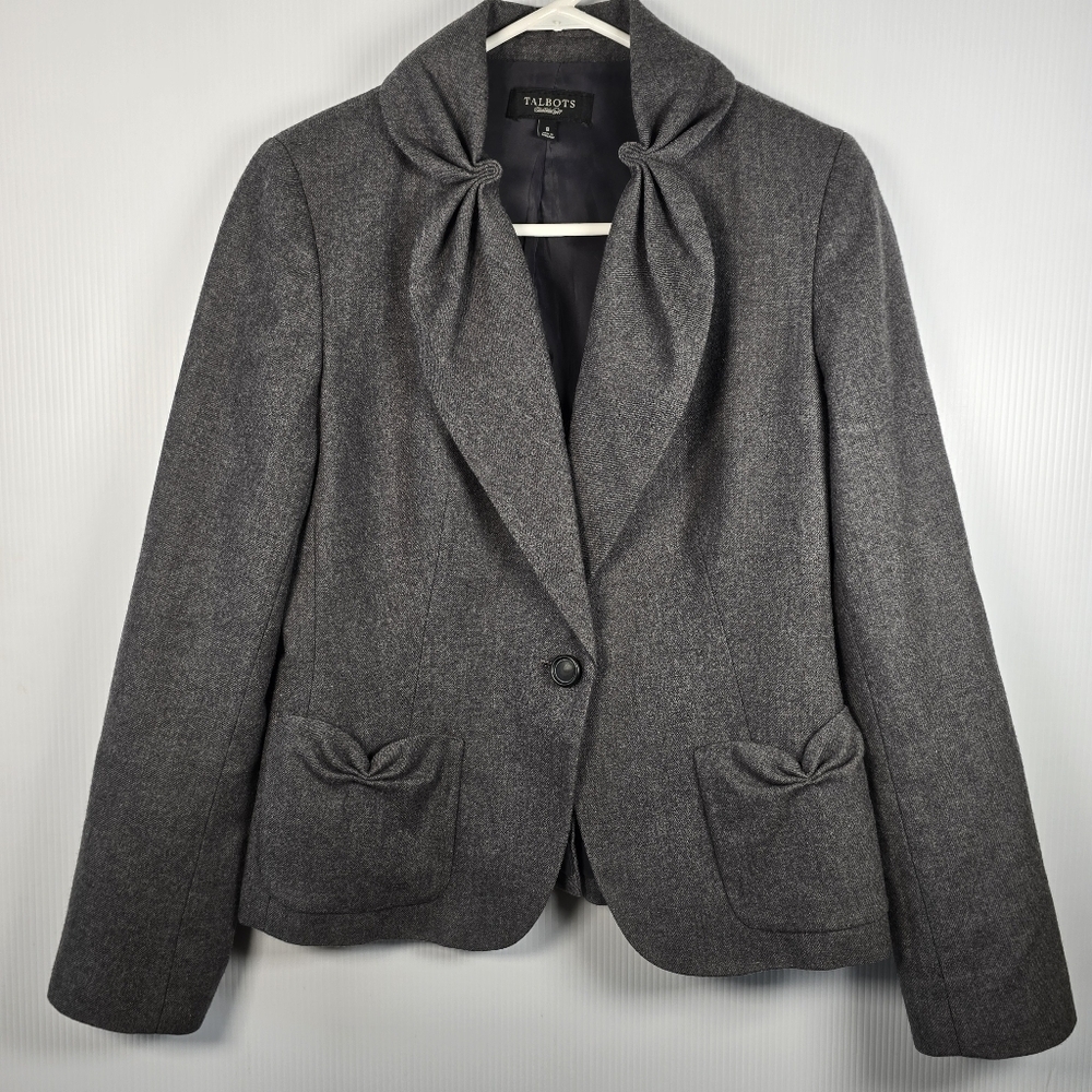 Talbots Women's Kate Fit Grey Wool Blazer Gatheted Lapels Button Closure Size 8 - Picture 2 of 16